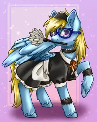 Size: 2160x2700 | Tagged: safe, artist:kooky, derpibooru import, oc, oc:cloud cuddler, unofficial characters only, pegasus, pony, clothes, duster, female, glasses, image, maid, mare, pegasus oc, png, purple background, simple background, wings