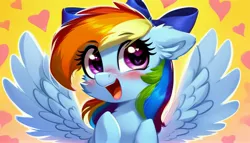 Size: 2688x1536 | Tagged: safe, derpibooru import, machine learning generated, stable diffusion, rainbow dash, pegasus, pony, abstract background, ai content, bow, cute, floating heart, generator:pony diffusion v5, hair bow, heart, heart eyes, image, jpeg, looking at you, open mouth, open smile, prompter:siber, smiling, smiling at you, solo, spread wings, wingding eyes, wings