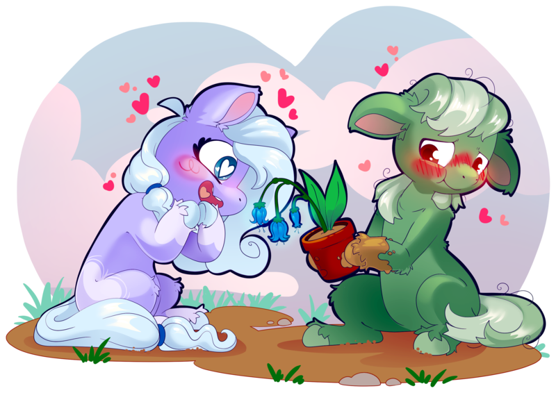 Size: 2813x1990 | Tagged: safe, artist:cutepencilcase, derpibooru import, oc, unofficial characters only, earth pony, pony, blushing, cute, duo, floating heart, floppy ears, flower, happy, heart, heart eyes, image, ocbetes, open mouth, open smile, png, potted plant, smiling, unshorn fetlocks, wingding eyes
