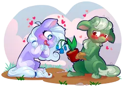 Size: 2813x1990 | Tagged: safe, artist:cutepencilcase, derpibooru import, oc, unofficial characters only, earth pony, pony, blushing, cute, duo, floating heart, floppy ears, flower, happy, heart, heart eyes, image, ocbetes, open mouth, open smile, png, potted plant, smiling, unshorn fetlocks, wingding eyes