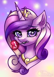 Size: 2480x3508 | Tagged: safe, artist:kruszynka25, derpibooru import, princess cadance, alicorn, pony, bust, candy, digital art, ear fluff, eyebrows, eyebrows visible through hair, female, food, happy, heart, heart eyes, image, lollipop, looking at you, love, mare, mouth hold, png, simple background, smiling, solo, wingding eyes