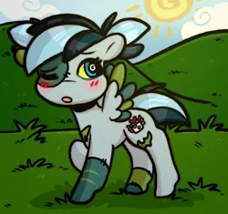 Size: 1332x1254 | Tagged: safe, artist:faerienougat, derpibooru import, oc, oc:lavender nougat, unofficial characters only, pegasus, pony, undead, zombie, blushing, female, filly, foal, image, one eye closed, outdoors, pigtails, png, wink