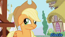 Size: 540x304 | Tagged: safe, artist:kroboproductions, derpibooru import, edit, edited screencap, screencap, applejack, earth pony, pony, applebuck season, animated, animation error, derp, female, gif, great moments in animation, image, mare, missing accessory, rest in peace, solo, text, the nutritious chronicles of celeryjack, youtube poop