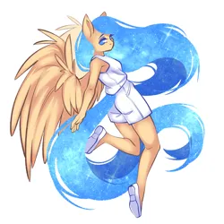 Size: 1920x1920 | Tagged: safe, artist:zenexart, derpibooru import, oc, unofficial characters only, anthro, pegasus, plantigrade anthro, blue eyes, clothes, commission, ethereal mane, feathered wings, female, galaxy mane, galaxy tail, image, large wings, leaning back, looking at you, no pupils, one leg raised, pegasus wings, png, shirt, shoes, shorts, sleeveless, solo, wings
