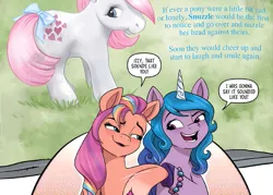 Size: 1027x735 | Tagged: safe, artist:amy mebberson, derpibooru import, idw, izzy moonbow, snuzzle, sunny starscout, earth pony, pony, unicorn, g1, g5, spoiler:comic, spoiler:comic40thanniversary, spoiler:g5comic, cropped, duo, female, grass, image, mane stripe sunny, mare, png, shipping fuel, speech bubble