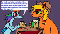 Size: 640x358 | Tagged: safe, artist:devilbunzz, derpibooru import, applejack, rainbow dash, earth pony, pegasus, pony, appledash, cider, cider mug, drink, drinking, female, image, implied lesbian, lesbian, mug, png, purple background, shipping, simple background, speech bubble