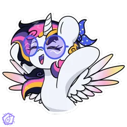 Size: 600x600 | Tagged: safe, artist:swishyfishy4308, derpibooru import, oc, oc:1friendlyalicorn, alicorn, pony, alicorn oc, bow, commission, curved horn, cute, female, glasses, hair bow, horn, image, mare, outline, pegasus wings, png, promo, promotional art, round glasses, simple background, solo, transparent background, white outline, wings, ych example, ych result, your character here