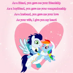 Size: 2500x2500 | Tagged: safe, artist:mlplary6, derpibooru import, rainbow dash, soarin', pegasus, pony, bridal carry, bride, carrying, clothes, dress, female, flying, groom, heart, husband and wife, image, jpeg, love, male, mare, marriage, married couple, romantic, shipping, soarindash, stallion, straight, text, tuxedo, wedding dress