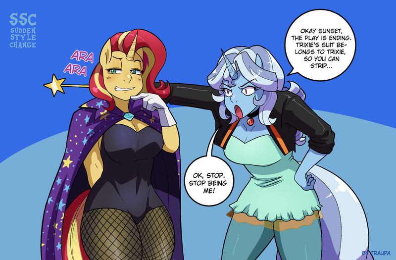 Size: 1333x874 | Tagged: safe, artist:traupa, derpibooru import, sunset shimmer, trixie, anthro, unicorn, accessory swap, alternate hairstyle, ara ara, belly button, blushing, breasts, busty sunset shimmer, busty trixie, cape, cleavage, clothes, clothes swap, dialogue, dress, duo, female, fishnets, gloves, gritted teeth, hand on hip, hat, human facial structure, image, jacket, jpeg, leotard, lesbian, looking at each other, looking at someone, magician outfit, mane swap, open mouth, redraw, remake, role reversal, shipping, sideboob, speech bubble, sudden style change, suntrix, teeth, trixie's cape, trixie's hat