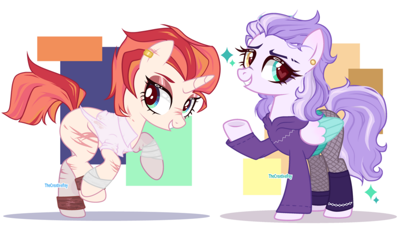 Size: 1195x668 | Tagged: safe, artist:oniiponii, artist:thecreativerey, derpibooru import, oc, unofficial characters only, pegasus, pony, unicorn, adoptable, bandage, boots, clothes, duo, ear piercing, earring, eyeshadow, female, fishnets, grin, heart, heart eyes, heterochromia, hoodie, image, jewelry, makeup, mare, piercing, png, raised hoof, raised leg, scar, shirt, shoes, smiling, wingding eyes