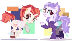 Size: 1195x668 | Tagged: safe, artist:oniiponii, artist:thecreativerey, derpibooru import, oc, unofficial characters only, pegasus, pony, unicorn, adoptable, bandage, boots, clothes, duo, ear piercing, earring, eyeshadow, female, fishnets, grin, heart, heart eyes, heterochromia, hoodie, image, jewelry, makeup, mare, piercing, png, raised hoof, raised leg, scar, shirt, shoes, smiling, wingding eyes