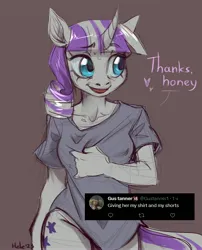 Size: 3232x4000 | Tagged: safe, artist:helemaranth, derpibooru import, twilight velvet, anthro, unicorn, bottomless, clothes, eyebrows, eyebrows visible through hair, female, image, jpeg, partial nudity, shirt, sketch, smiling, solo, solo female