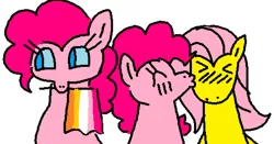Size: 2017x1057 | Tagged: safe, artist:devilbunzz, derpibooru import, fluttershy, pinkie pie, earth pony, pegasus, pony, blushing, eyes closed, female, flutterpie, image, kiss on the cheek, kissing, lesbian, lesbian pride flag, mouthpiece, png, politics, pride, pride flag, shipping, simple background, white background