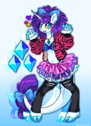 Size: 1078x1500 | Tagged: safe, artist:devilbunzz, derpibooru import, rarity, anthro, pony, unguligrade anthro, unicorn, alternate hairstyle, bow, clothes, cloven hooves, ear piercing, eyeshadow, hair bow, image, jacket, jewelry, leonine tail, makeup, necklace, piercing, png, skirt, solo, tail, tail bow