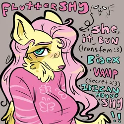 Size: 1000x1000 | Tagged: safe, artist:muckyschmuck, derpibooru import, fluttershy, anthro, dog, undead, vampire, alternate universe, clothes, dogified, fangs, flutterdog, headcanon, ibizan hound, image, png, sexuality headcanon, shirt, species swap, text, transfeminine, winged dog, wings