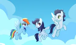 Size: 748x442 | Tagged: safe, artist:cottoncandy1210, derpibooru import, rainbow dash, soarin', oc, oc:cloudy sky, pegasus, pony, family, female, flying, image, jpeg, male, mare, offspring, parent:rainbow dash, parent:soarin', parents:soarindash, shipping, sky, soarindash, stallion, straight