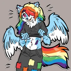 Size: 1000x1000 | Tagged: safe, artist:muckyschmuck, derpibooru import, rainbow dash, anthro, dog, husky, alternate universe, alternate versions at source, au:my little puppy, bandaid, chest binder, clothes, denim, dogified, ear piercing, hair over one eye, image, jeans, nonbinary, pants, piercing, png, rainbow dog, shirt, shirt lift, simple background, solo, species swap, spread wings, winged dog, wings