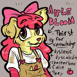 Size: 1000x1000 | Tagged: safe, artist:muckyschmuck, derpibooru import, apple bloom, anthro, collie, dog, alternate universe, au:my little puppy, border collie, bow, clothes, dogified, fangs, hair bow, image, overalls, png, pronouns, puppy bloom, simple background, solo, species swap