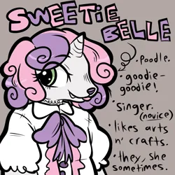 Size: 1000x1000 | Tagged: safe, artist:muckyschmuck, derpibooru import, sweetie belle, anthro, dog, poodle, :p, alternate universe, au:my little puppy, dogified, fangs, gender headcanon, horned dog, image, png, pronouns, solo, species swap, tongue out