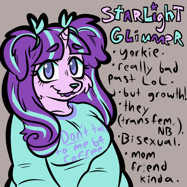 Size: 1000x1000 | Tagged: safe, artist:muckyschmuck, derpibooru import, starlight glimmer, anthro, dog, alternate universe, au:my little puppy, dogified, gender headcanon, headcanon, horned dog, image, nonbinary, png, pronouns, sexuality headcanon, solo, species swap, transfeminine, yorkshire terrier