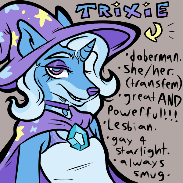 Size: 1000x1000 | Tagged: safe, artist:muckyschmuck, derpibooru import, trixie, anthro, doberman, dog, alternate universe, au:my little puppy, cape, clothes, dogified, hat, horned dog, image, implied lesbian, implied shipping, implied startrix, png, pronouns, solo, species swap, transfeminine, trixie's cape, trixie's hat