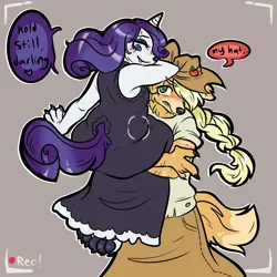 Size: 1000x1000 | Tagged: safe, artist:muckyschmuck, derpibooru import, applejack, rarity, anthro, collie, dog, poodle, alternate universe, alternate versions at source, appledog, au:my little puppy, blushing, border collie, braid, braided ponytail, cowboy hat, dogified, duo, female, hat, heart, heart eyes, horned dog, image, lesbian, paws, png, ponytail, raridog, rarijack, shipping, species swap, speech bubble, underpaw, wingding eyes