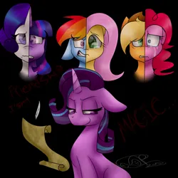 Size: 1024x1024 | Tagged: safe, artist:yoshiyoshi700, derpibooru import, applejack, fluttershy, pinkie pie, rainbow dash, rarity, starlight glimmer, twilight sparkle, fanfic:the friendship test, 2018, angry, black background, crying, fanfic art, floppy ears, group, image, jpeg, lidded eyes, quill, sad, signature, simple background, smiling
