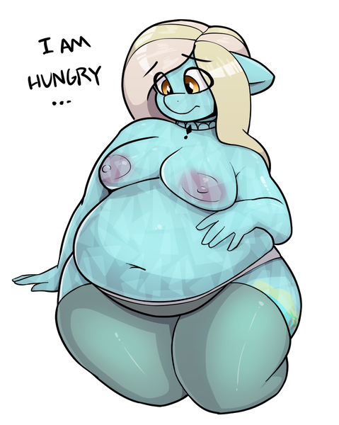 Size: 957x1200 | Tagged: questionable, artist:ahobobo, derpibooru import, oc, oc:sapphire oasis, unofficial characters only, anthro, crystal pony, belly button, big breasts, breasts, clothes, crystal pony oc, eye clipping through hair, fat, female, hungry, image, kneeling, nipples, nudity, obese, panties, png, simple background, solo, solo female, underwear, white background