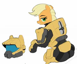 Size: 2048x1707 | Tagged: safe, artist:_ton618_, derpibooru import, applejack, earth pony, pony, armor, female, grin, halo (series), image, jpeg, lidded eyes, looking at you, looking back, looking back at you, mare, simple background, smiling, smiling at you, solo, spartan, white background