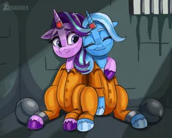 Size: 2500x2000 | Tagged: safe, artist:zendora, derpibooru import, starlight glimmer, trixie, pony, unicorn, clothes, commission, commissioner:rainbowdash69, female, hug, image, jumpsuit, mare, never doubt rainbowdash69's involvement, png, prison, prison outfit, prisoner, prisoner sg, prisoner tx, ship, shipping