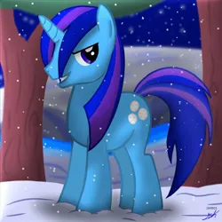 Size: 1280x1280 | Tagged: safe, artist:sokostar shr, derpibooru import, oc, unnamed oc, unofficial characters only, pony, unicorn, forest, grin, horn, ice, image, jpeg, looking at you, signature, smiling, smiling at you, snow, snowball, snowball cold, snowfall, snowflake, solo, tree, unicorn oc