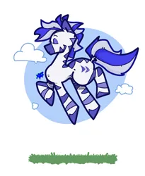 Size: 1872x2287 | Tagged: safe, artist:xtsij, derpibooru import, oc, oc:periwinkle mirtillo, unofficial characters only, zebra, blue, cloud, eyes closed, female, grass, happy, image, jpeg, jumping, satisfied, side view, solo, solo female, striped, striped mane, zebra oc