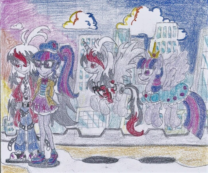 Size: 1010x838 | Tagged: safe, artist:nephilim rider, derpibooru import, sci-twi, twilight sparkle, twilight sparkle (alicorn), oc, oc:heaven lost, alicorn, equestria girls, canon x oc, city, date, female, image, jpeg, lesbian, sunset, traditional art