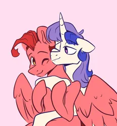 Size: 1114x1208 | Tagged: safe, derpibooru import, oc, oc:craisin, oc:myrtille, unofficial characters only, pegasus, unicorn, couple, cute, duo, gay, hug, hug from behind, image, male, nuzzling, pink background, png, simple background