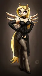 Size: 1520x2730 | Tagged: suggestive, artist:king-kakapo, derpibooru import, part of a set, oc, oc:skirov ring, unofficial characters only, anthro, pegasus, unguligrade anthro, black underwear, breasts, choker, cleavage, clothes, commission, corset, dress, evening gloves, eyeshadow, fangs, garters, gloves, hand on hip, high heels, image, jewelry, long gloves, looking at you, makeup, panties, pegasus oc, png, red eyes, ribbon, sexy, shoes, simple background, skirt, socks, solo, spread wings, stockings, thigh highs, underwear, wings