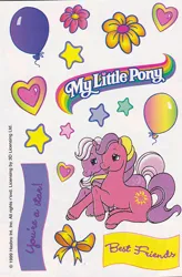 Size: 526x800 | Tagged: safe, derpibooru import, official, moon shadow, sundance (g2), sunsparkle, earth pony, pony, g2, balloon, best friends, bow, closed mouth, duo, duo female, female, heart, image, jpeg, lying down, mare, my little pony logo, open mouth, open smile, prone, scan, simple background, smiling, stars, sticker, sticker sheet, white background