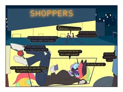 Size: 2970x2209 | Tagged: safe, artist:chapaevv, derpibooru import, oc, oc:moonbow flare, anthro, plantigrade anthro, clothes, comic, dialogue, female, grocery store, hoodie, image, male, night, offscreen character, parking lot, patreon, patreon reward, phone, png, shopping cart, text