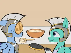 Size: 1024x768 | Tagged: safe, artist:stormy hooves, derpibooru import, pegasus, pony, g5, apron, bowl, clothes, derpibooru exclusive, duo, duo male and female, eyes closed, female, floppy ears, food, guardsmare, helmet, image, kitchen, looking at someone, male, mare, mistakes were made, pan, pancakes, pegasus royal guard, png, royal guard, stallion, thunder flap, whoops, wooden spoon, zoom zephyrwing