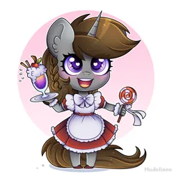 Size: 4000x4000 | Tagged: safe, artist:madelinne, derpibooru import, oc, oc:disty, unofficial characters only, anthro, unicorn, candy, chibi, clothes, commission, crossdressing, cute, drink, food, horn, image, lollipop, maid, male, pinafore, png, solo, unicorn oc, ych result