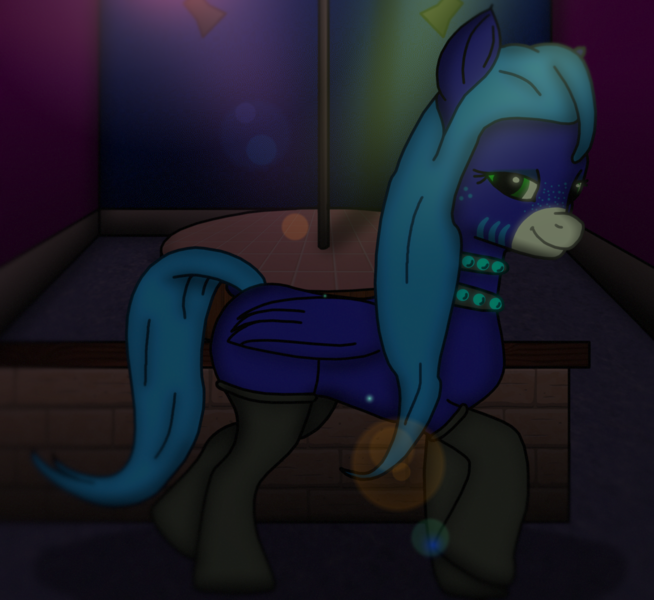 Size: 2319x2128 | Tagged: safe, artist:annette62, derpibooru import, oc, oc:annette (lewdpone), unofficial characters only, pegasus, pony, g5, ass, bedroom eyes, blue fur, blue hair, butt, clothes, dark room, dock, female, freckles, g5 oc, green eyes, image, lens flare, looking at you, pegasus oc, png, sexy, smiling, smiling at you, socks, solo, solo female, stripper, stripper pole, tail, wings
