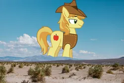 Size: 6720x4480 | Tagged: safe, artist:frownfactory, derpibooru import, edit, editor:jaredking779, braeburn, earth pony, pony, absurd resolution, clothes, giant pony, hat, highrise ponies, image, jpeg, macro, male, mountain, mountain range, smiling, solo, stallion, vest
