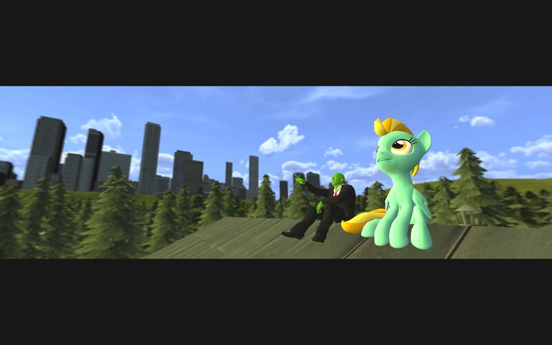 Size: 1680x1050 | Tagged: safe, derpibooru import, oc, oc:anon, human, pegasus, pony, 3d, city, cloud, forest, gmod, image, jpeg, pointing, rooftop, sitting, skyscraper, smiling, tree, widescreen
