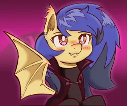 Size: 3211x2695 | Tagged: safe, artist:mikeylokey, derpibooru import, oc, oc:skyé, bat pony, pony, equestria at war mod, alternate hairstyle, bat pony oc, bat wings, black hair, cape, clothes, emo, fangs, female, image, mare, mexican, piercing, png, purple hair, switzerland, wings