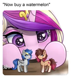 Size: 1024x1134 | Tagged: safe, artist:lailyren, derpibooru import, princess cadance, oc, oc:bluecode, oc:woonie, pegasus, pony, unicorn, heart, heart eyes, image, jpeg, meme, now kiss, toy, wingding eyes