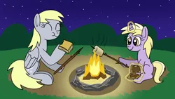 Size: 1920x1080 | Tagged: safe, artist:platinumdrop, derpibooru import, derpy hooves, dinky hooves, campfire, commission, food, happy, image, marshmallow, night, png, s'mores