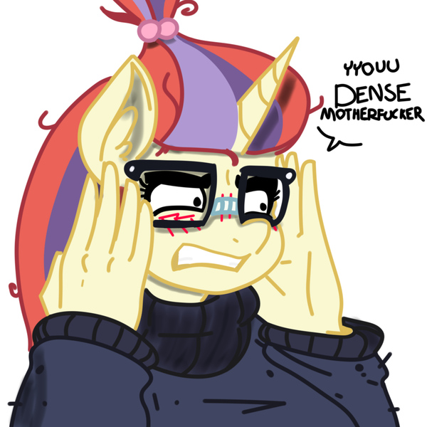 Size: 1000x1000 | Tagged: dead source, safe, artist:reiduran, color edit, derpibooru import, edit, moondancer, anthro, unicorn, angry, blushing, clothes, colored, confused, dialogue, ear fluff, female, g4, glasses, image, meme, png, simple background, solo, solo female, sweater, the anime club, vulgar, white background, you dense motherfucker
