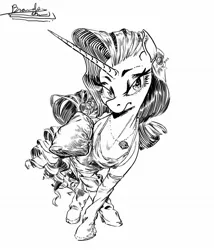 Size: 1072x1252 | Tagged: safe, derpibooru import, rarity, pony, unicorn, black and white, clothes, clothes swap, curly mane, diamond, dress, ear piercing, earring, fashion, fashion style, female, gem, grayscale, image, jewelry, jpeg, looking at you, mare, monochrome, necklace, outfit, photoshop, piercing, pointing, quadrupedal, simple background, socks, solo, toy, white background