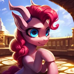 Size: 768x768 | Tagged: safe, derpibooru import, machine learning generated, stable diffusion, pinkie pie, earth pony, tiefling, ai content, big eyes, female, generator:pony diffusion v5, horns, image, png, solo, solo female, species swap