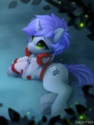 Size: 1920x2560 | Tagged: safe, artist:hentwi, derpibooru import, oc, oc:melody, unofficial characters only, unicorn, forest, forest background, green eyes, headphones, image, moonlight, night, png, purple mane, solo, tree