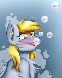 Size: 1280x1600 | Tagged: safe, artist:starblossom15, derpibooru import, derpy hooves, pegasus, pony, blue background, bubble, chest fluff, crepuscular rays, cute, digital art, ear fluff, female, folded wings, image, jpeg, mare, ocean, simple background, smiling, solo, sunlight, underwater, water, wingding eyes, wings, yellow eyes, yellow mane